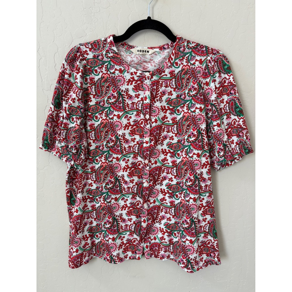 Boden Isla Jersey Shirt Multi‎ Fantastical Paisley Top Blouse Red Green US 10